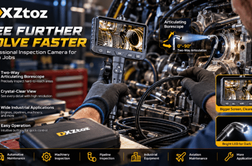DXZtoz industrial borescope promotional banner showing a technician inspecting machinery with a handheld inspection camera, illuminated probe, digital display, and feature highlights in a professional workshop.