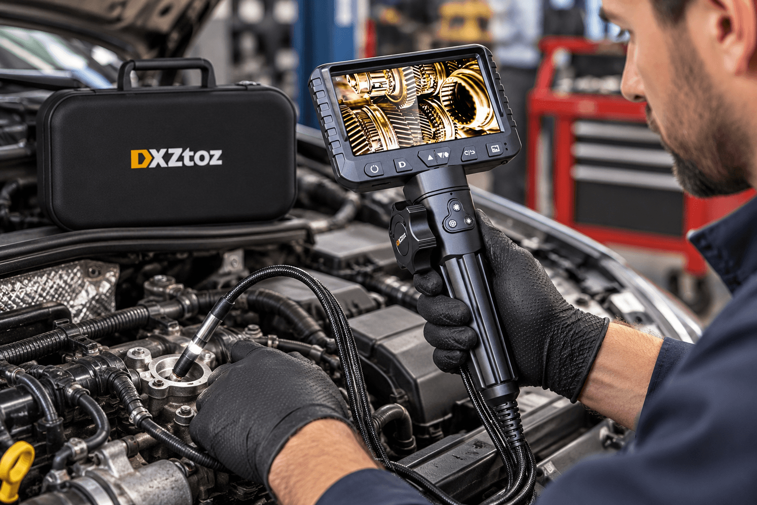 DXZtoz handheld articulating borescope in use during automotive engine inspection, featuring a large digital screen displaying internal gears, a flexible camera probe, and a branded carrying case.