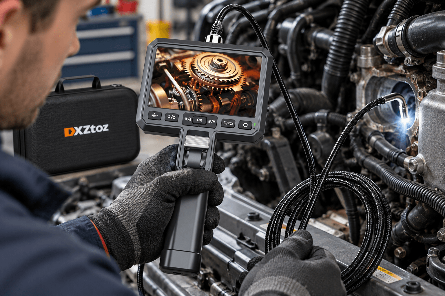 DXZtoz industrial inspection camera used by a mechanic to examine an engine compartment, featuring an illuminated flexible probe, handheld monitor displaying mechanical gears, and a protective carrying case.