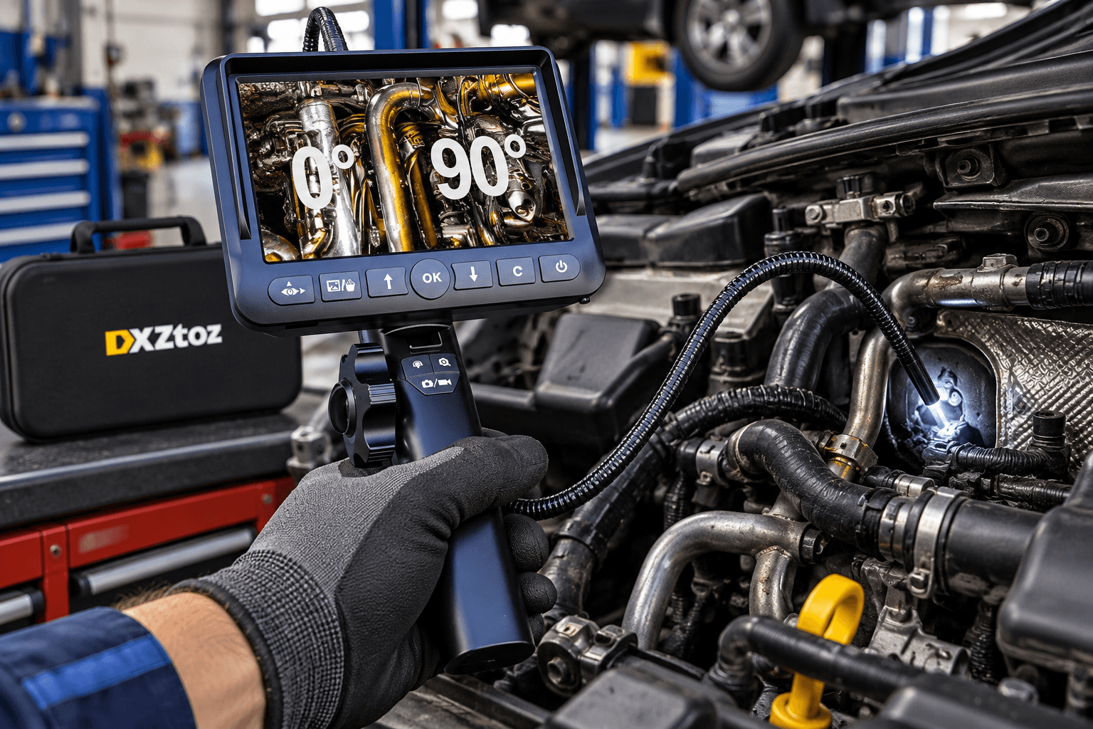 DXZtoz articulating borescope inspecting a vehicle engine bay, featuring a wide digital monitor with 0°–90° viewing graphics, flexible illuminated inspection probe, and ergonomic handheld controls.