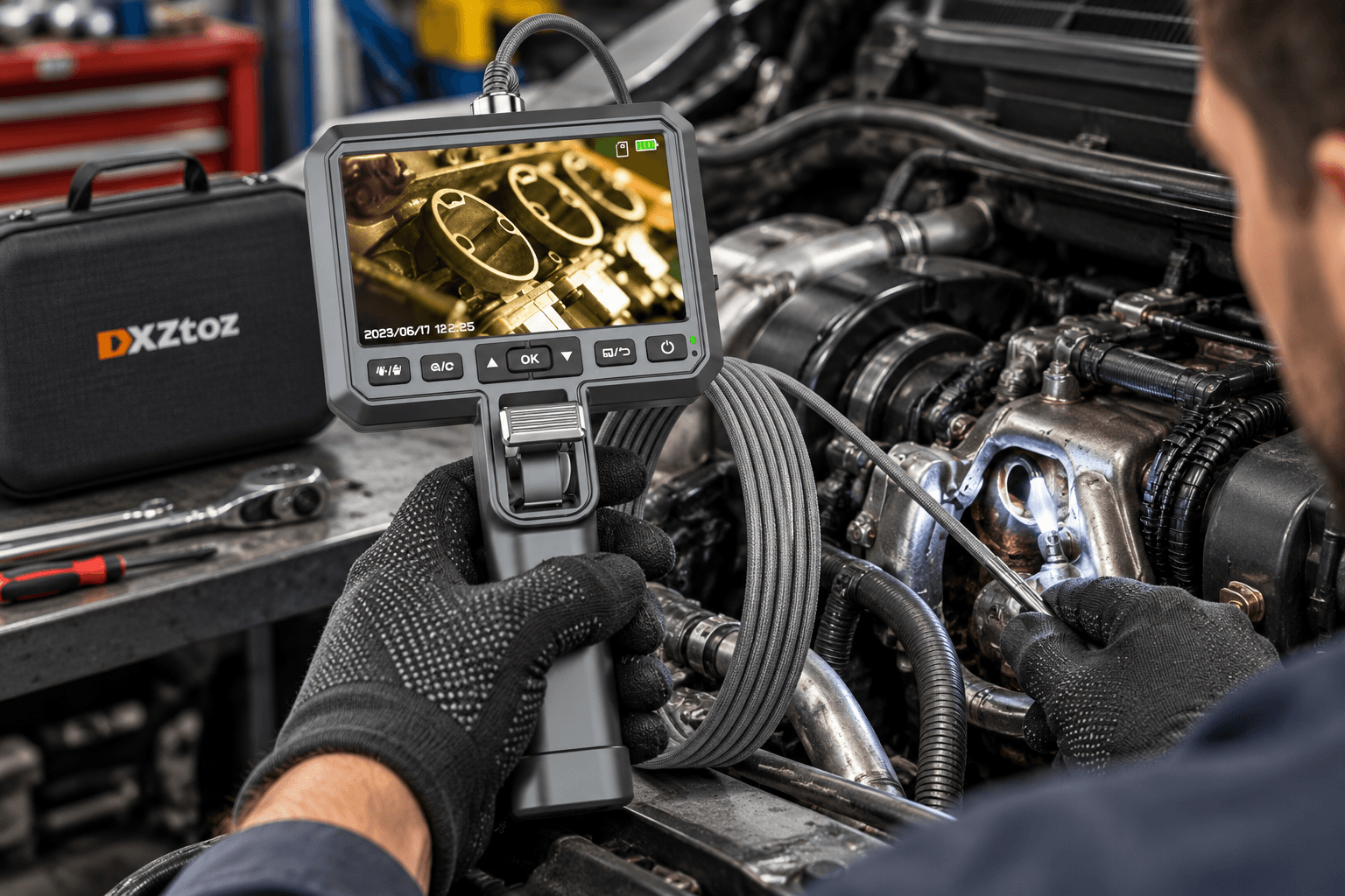 DXZtoz handheld inspection camera examining an automotive engine, featuring a gray digital monitor displaying internal mechanical components, a flexible illuminated probe, and a branded storage case.