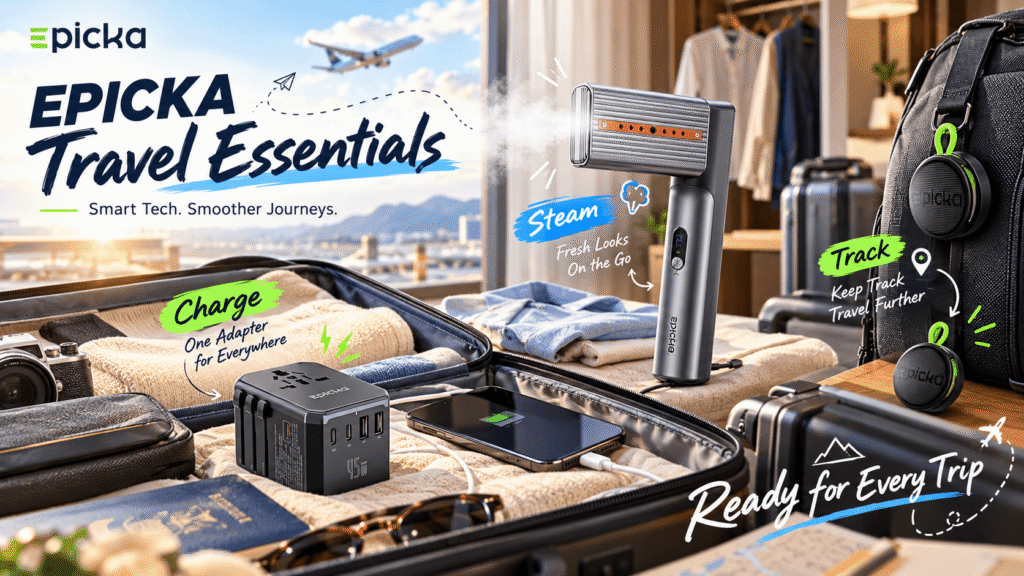 EPICKA travel essentials featuring a 45W universal travel adapter, portable garment steamer, and smart tracker tags arranged with luggage in a hotel setting. Colorful annotations highlight charging, steaming, and tracking for smarter journeys.