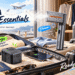 EPICKA travel essentials featuring a 45W universal travel adapter, portable garment steamer, and smart tracker tags arranged with luggage in a hotel setting. Colorful annotations highlight charging, steaming, and tracking for smarter journeys.