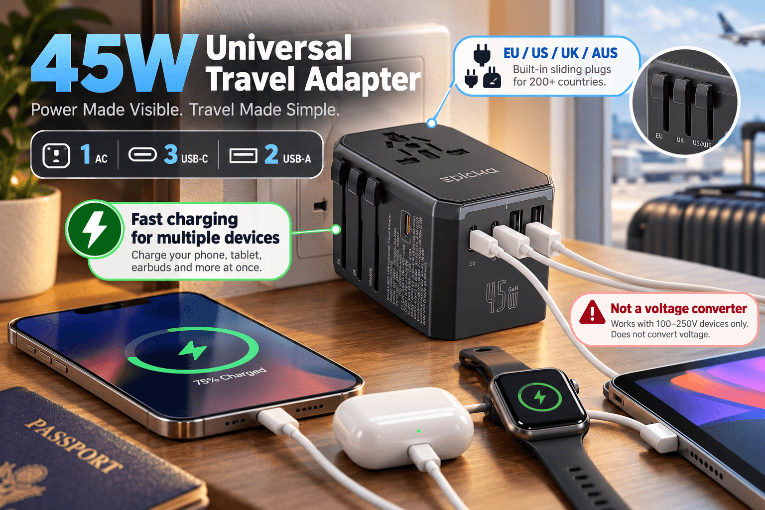 EPICKA 45W universal travel adapter in a hotel room, charging a smartphone, tablet, earbuds, and smartwatch. The black adapter features 3 USB-C ports, 2 USB-A ports, and interchangeable international plug options, highlighted with colorful feature callouts.