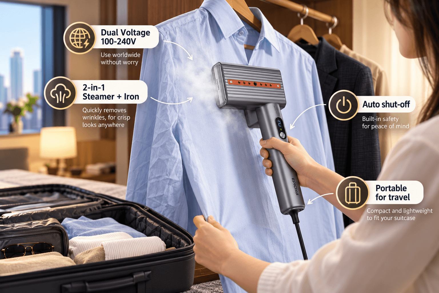 A traveler uses the gray EPICKA dual-voltage 2-in-1 garment steamer and iron to remove wrinkles from a blue shirt in a hotel room. An open suitcase and feature annotations highlight 100–240V compatibility, portability, and auto shut-off.