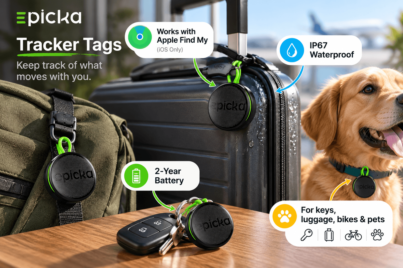 Black EPICKA tracker tags with bright green loops attached to a suitcase, backpack, keys, and dog collar. Travel-themed graphics highlight Apple Find My compatibility for iOS, IP67 water resistance, and up to two years of battery life.