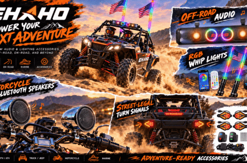 Ehaho promotional collage featuring an off-road UTV with RGB whip lights and sound bar, chrome motorcycle speakers, and LED turn signals. Bold orange graphics highlight adventure-ready audio and lighting accessories.
