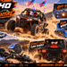 Ehaho promotional collage featuring an off-road UTV with RGB whip lights and sound bar, chrome motorcycle speakers, and LED turn signals. Bold orange graphics highlight adventure-ready audio and lighting accessories.