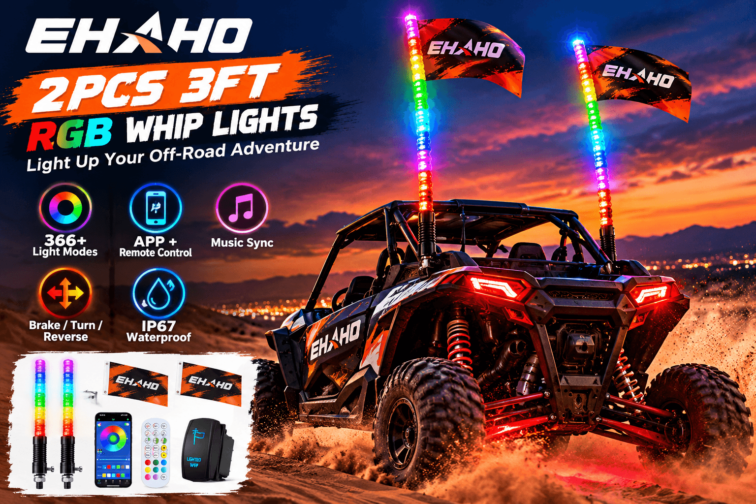 Ehaho dual 3-foot RGB LED whip lights illuminate a UTV crossing desert sand at sunset. Rainbow lighting, flags, and illustrated callouts showcase 366+ modes, app and remote control, music sync, and IP67 protection.