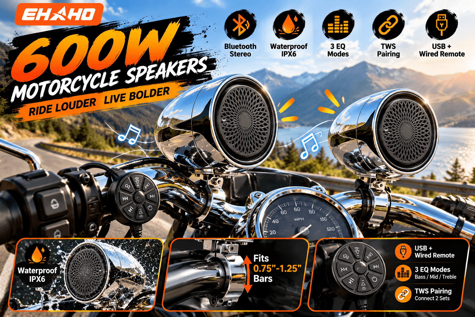 Ehaho 600W silver Bluetooth motorcycle speakers mounted on chrome handlebars beside a scenic mountain road. Feature callouts highlight IPX6 waterproofing, three EQ modes, TWS pairing, and wired remote control.