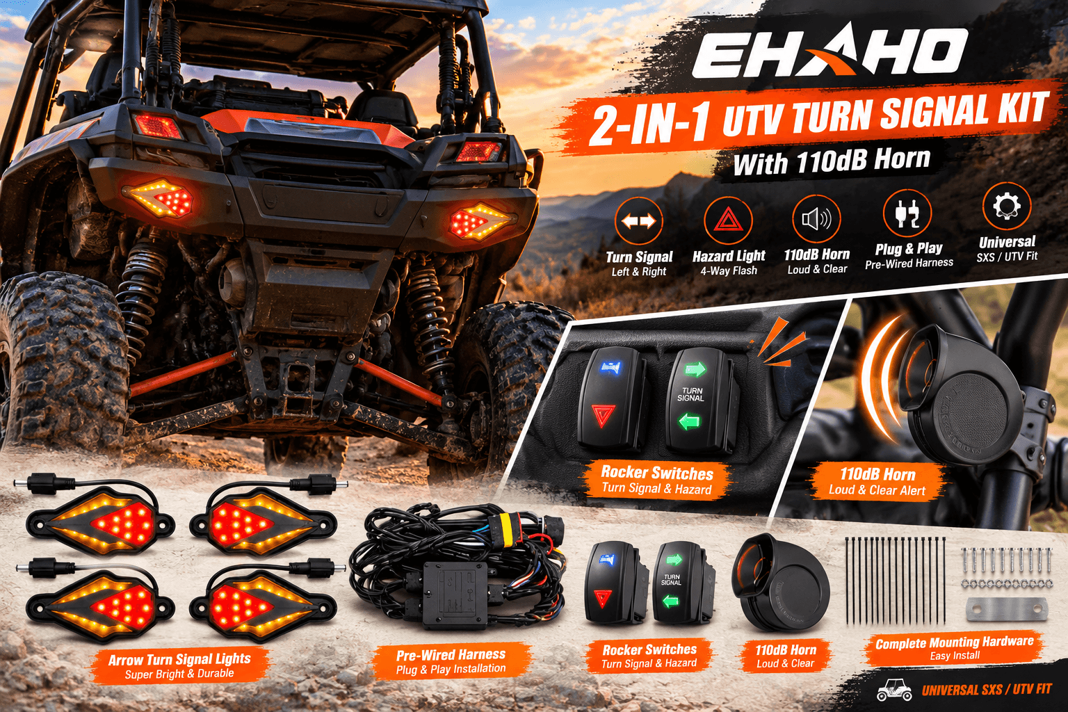 Ehaho 2-in-1 UTV turn signal kit displayed on a rugged off-road vehicle at sunset. Illuminated arrow signals, a 110dB horn, rocker switches, wiring harness, and mounting hardware appear with feature annotations.