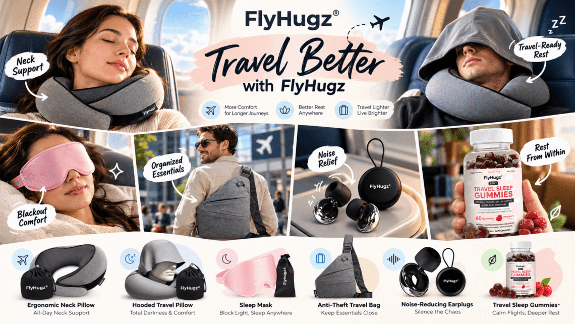 FlyHugz travel essentials promotional collage featuring ergonomic neck pillows, hooded pillows, pink sleep masks, anti-theft bags, noise-reducing earplugs, and travel sleep gummies in realistic travel settings.