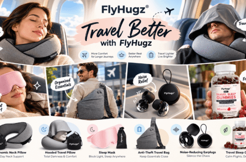 FlyHugz travel essentials promotional collage featuring ergonomic neck pillows, hooded pillows, pink sleep masks, anti-theft bags, noise-reducing earplugs, and travel sleep gummies in realistic travel settings.