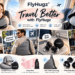 FlyHugz travel essentials promotional collage featuring ergonomic neck pillows, hooded pillows, pink sleep masks, anti-theft bags, noise-reducing earplugs, and travel sleep gummies in realistic travel settings.