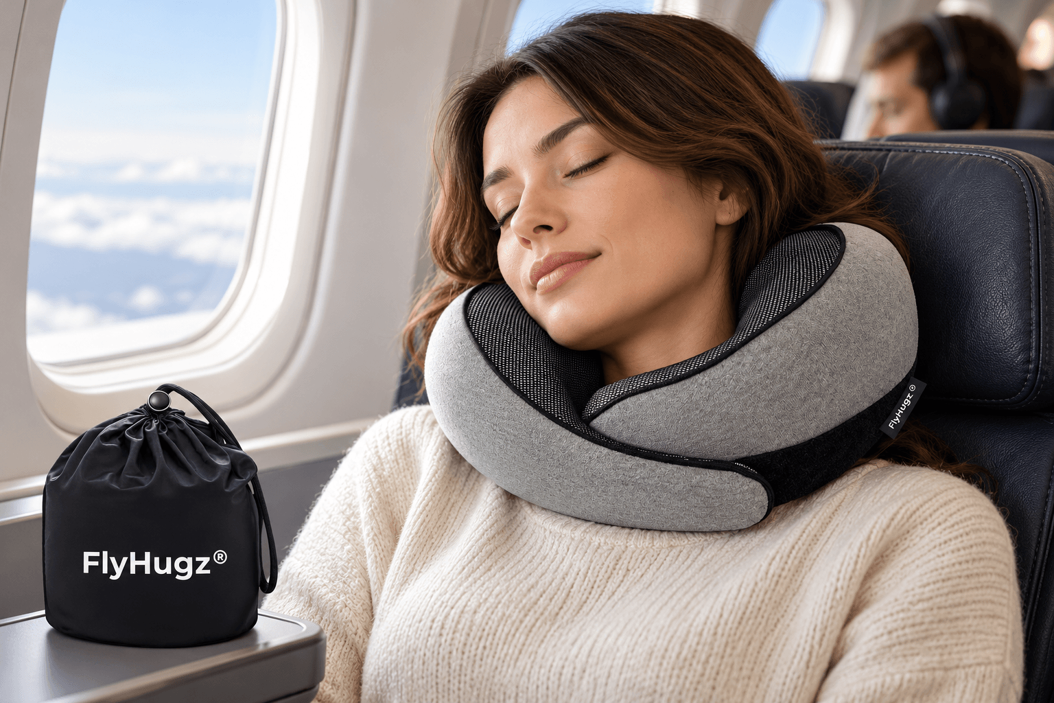 A woman resting comfortably in an airplane seat with a gray FlyHugz ergonomic travel neck pillow featuring breathable black mesh. A branded black storage pouch sits nearby beside the airplane window.