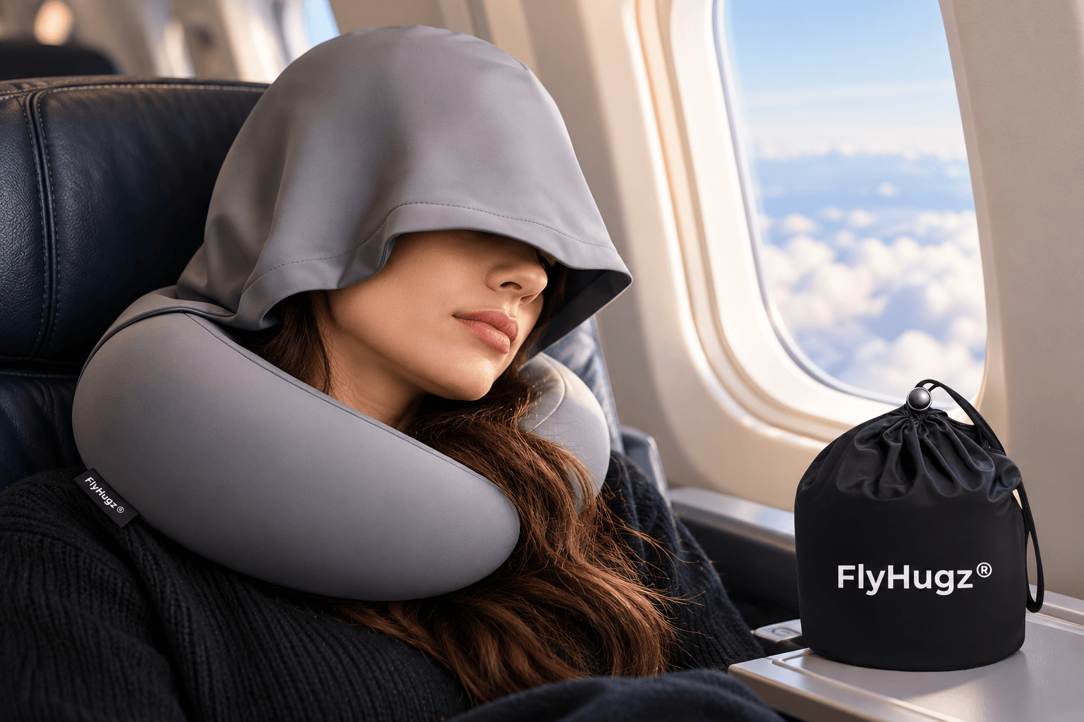 A traveler sleeping in an airplane seat while wearing a gray FlyHugz hooded travel pillow. The soft hood covers her eyes while the neck cushion provides support, with a branded storage pouch nearby.