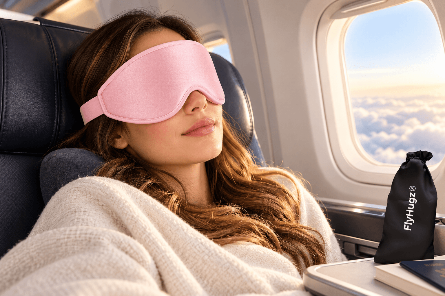 A woman relaxing by an airplane window wearing a soft pink FlyHugz contoured sleep mask. Warm sunlight illuminates the cozy cabin, while a black FlyHugz travel pouch rests on the tray table.