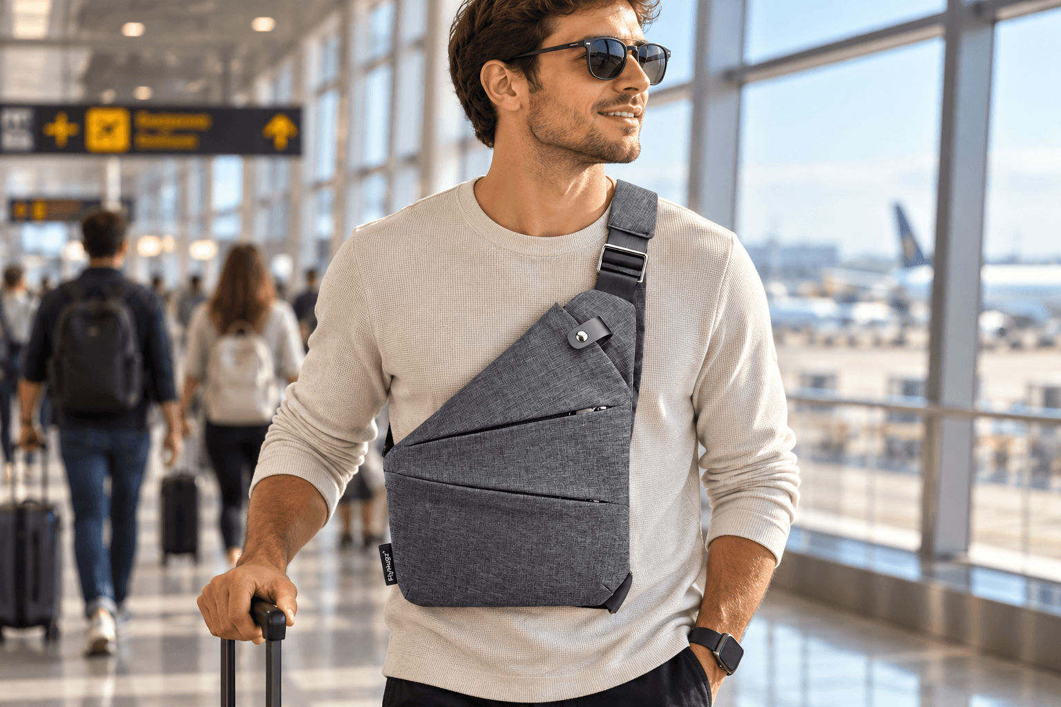 A stylish male traveler walking through a modern airport wearing a gray FlyHugz anti-theft crossbody sling bag with multiple zippered compartments. He carries a suitcase against a bright terminal backdrop.