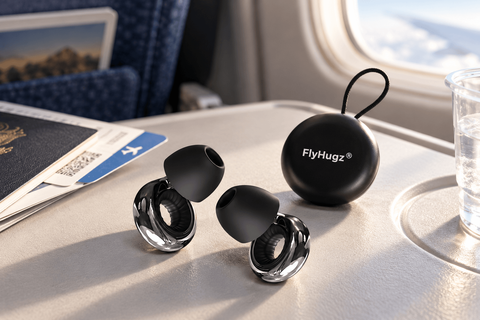 Close-up of black and silver FlyHugz noise-reducing earplugs and a round branded carrying case on an airplane tray table, alongside travel documents and a glass of water near the cabin window.