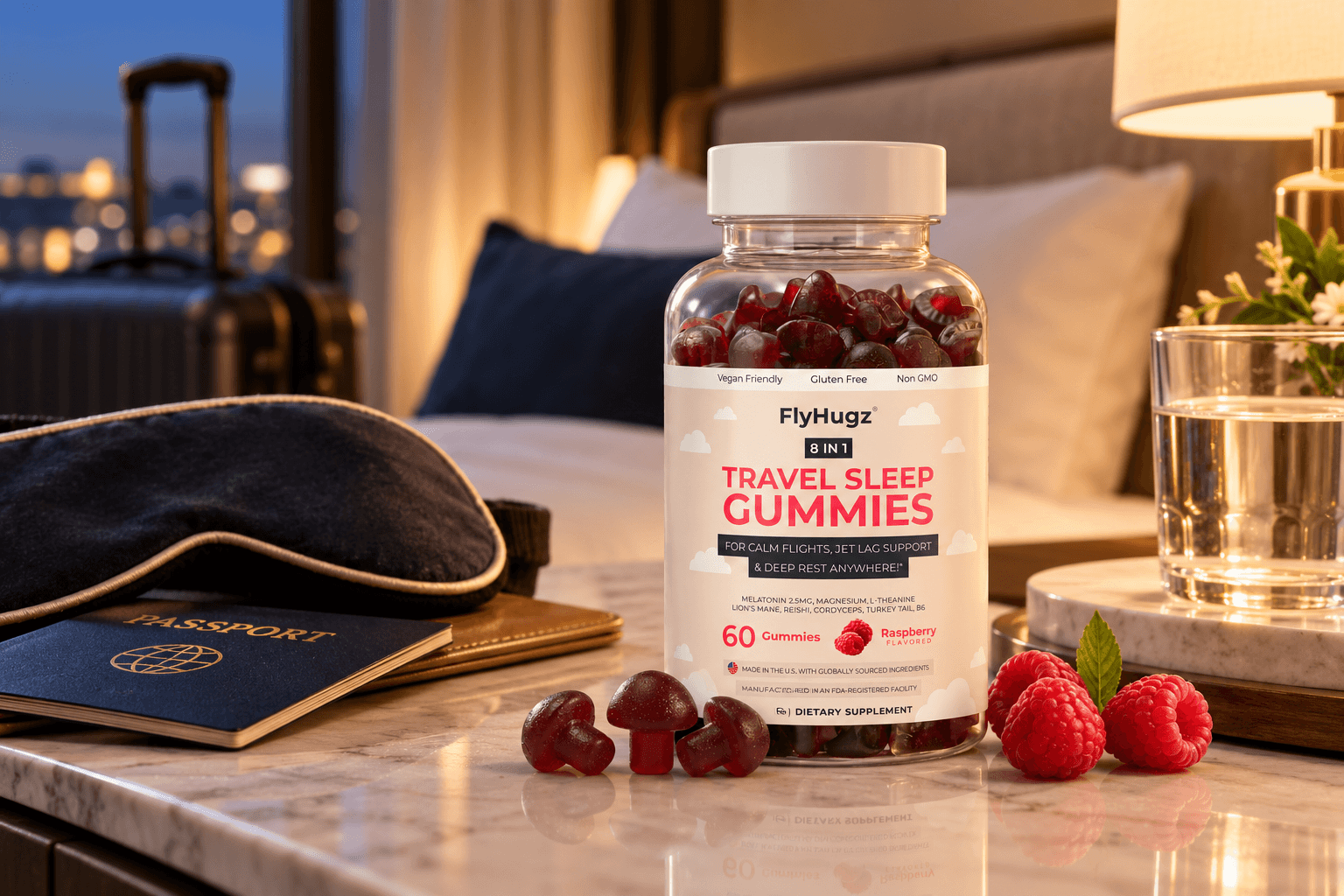 FlyHugz 8-in-1 raspberry-flavored Travel Sleep Gummies bottle displayed on a cozy hotel nightstand with a glass of water, sleep mask, passport, raspberries, and luggage in the background.