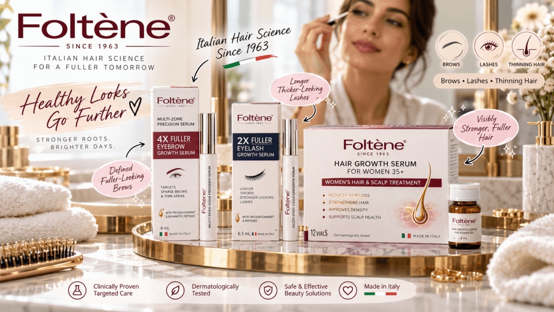 Foltene eyebrow, eyelash, and hair growth serums displayed on an elegant vanity tray, with a woman applying lash serum. Stylish cartoon annotations highlight Italian hair science since 1963, fuller-looking brows, longer lashes, and stronger-looking hair.