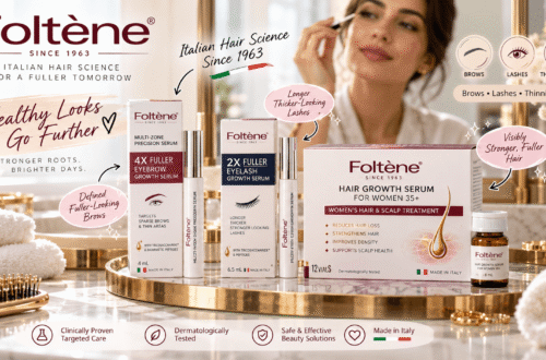 Foltene eyebrow, eyelash, and hair growth serums displayed on an elegant vanity tray, with a woman applying lash serum. Stylish cartoon annotations highlight Italian hair science since 1963, fuller-looking brows, longer lashes, and stronger-looking hair.