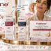 Foltene eyebrow, eyelash, and hair growth serums displayed on an elegant vanity tray, with a woman applying lash serum. Stylish cartoon annotations highlight Italian hair science since 1963, fuller-looking brows, longer lashes, and stronger-looking hair.