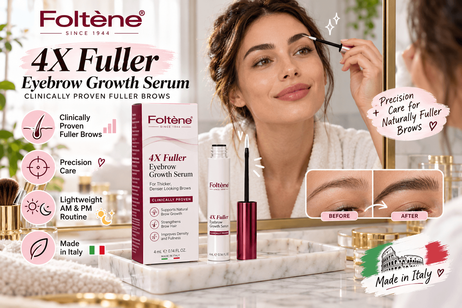 A woman applies Foltene 4X Fuller Eyebrow Growth Serum at a luxurious vanity. The 4 mL serum, packaging, and brush applicator are displayed with cartoon icons highlighting clinically tested brow care, precision application, lightweight AM/PM use, and fuller-looking brows.