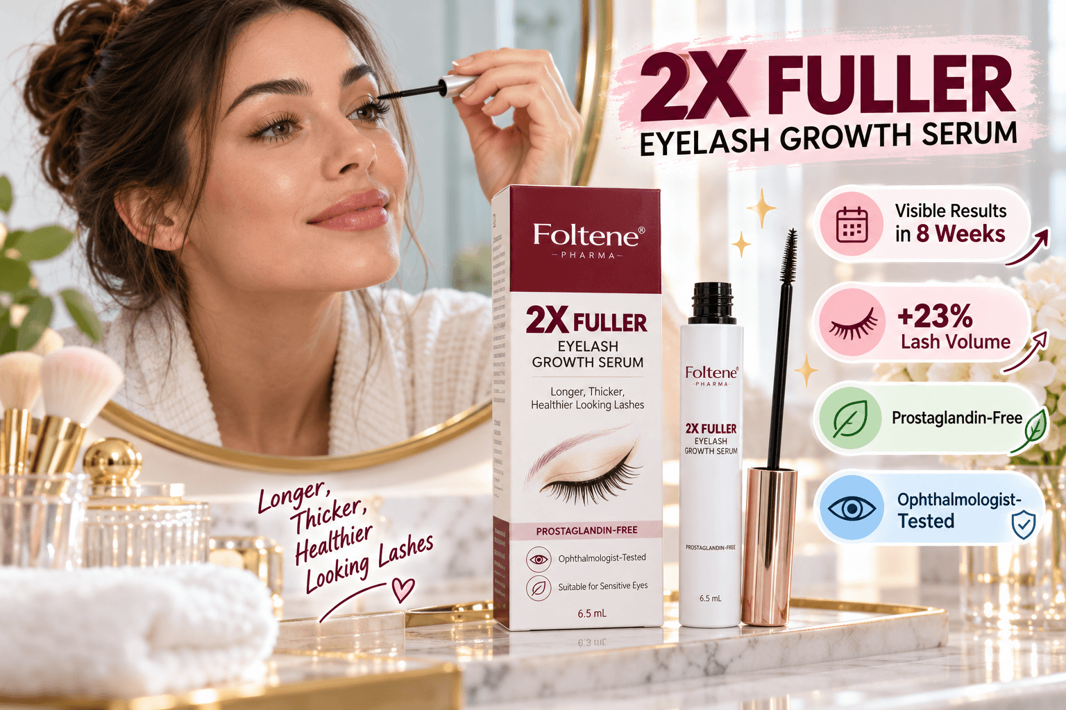 A woman applies Foltene 2X Fuller Eyelash Growth Serum beside a marble vanity. The 6.5 mL serum and mascara-style applicator are featured with colorful cartoon callouts highlighting 8-week results, +23% lash volume, a prostaglandin-free formula, and ophthalmologist testing.