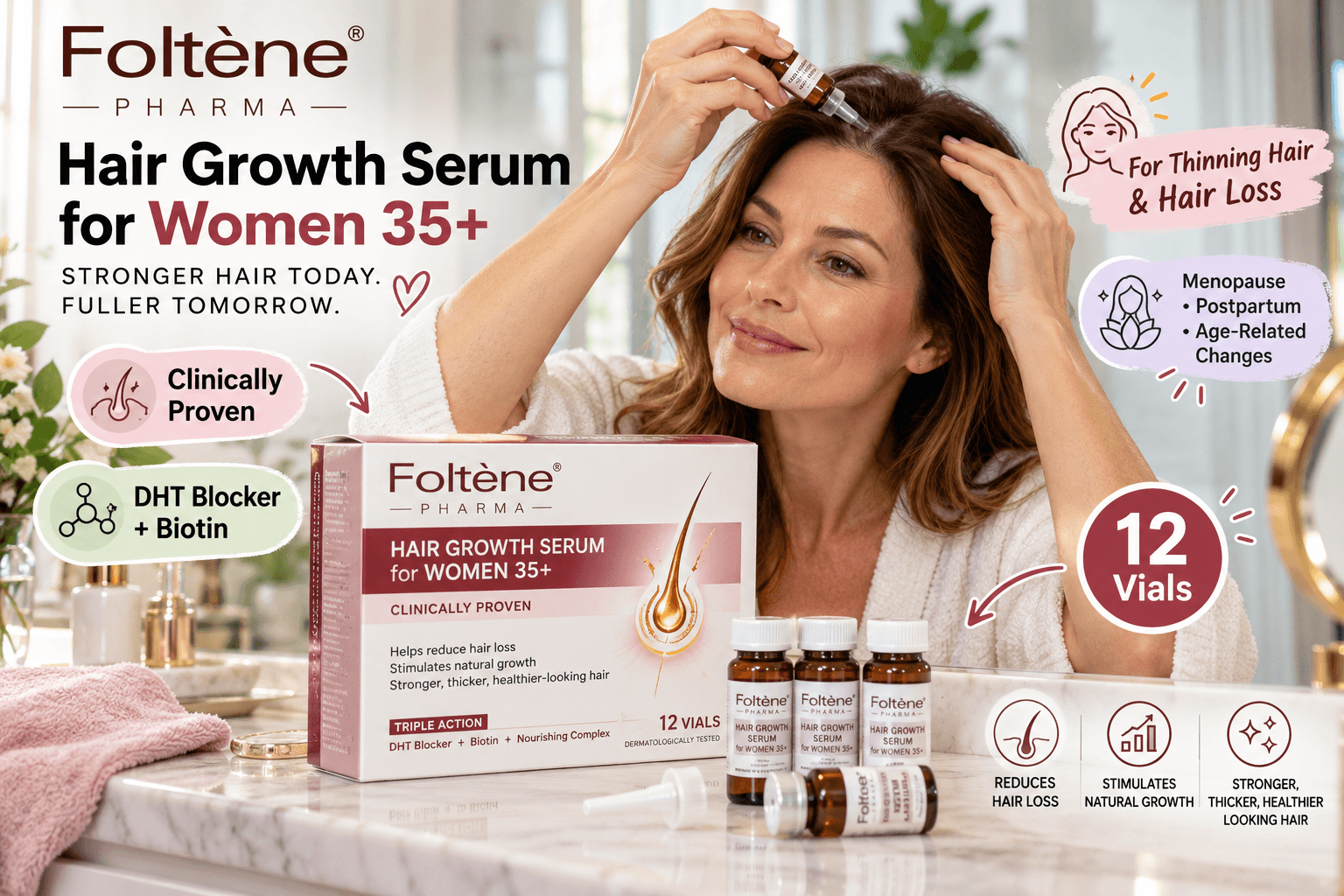 A woman applies Foltene Hair Growth Serum for Women 35+ directly to her scalp. The serum box and treatment vials sit on a marble vanity, surrounded by illustrated callouts highlighting thinning hair care, DHT blocker and biotin ingredients, clinically tested treatment, and 12 vials.