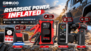 GOOLOO automotive essentials displayed beside an off-road SUV in a scenic mountain setting, featuring the A3 jump starter, portable tire inflator, DS200 OBD2 scanner, and F5S air duster with bold promotional graphics.