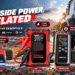 GOOLOO automotive essentials displayed beside an off-road SUV in a scenic mountain setting, featuring the A3 jump starter, portable tire inflator, DS200 OBD2 scanner, and F5S air duster with bold promotional graphics.