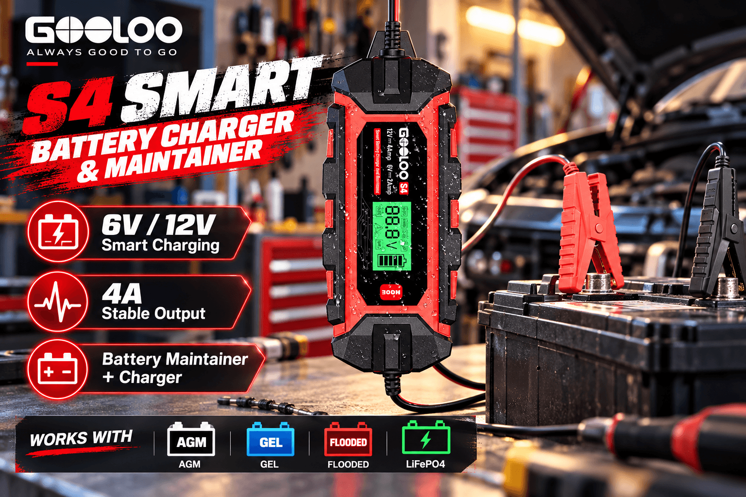 GOOLOO S4 smart battery charger and maintainer connected to a car battery in a realistic garage workshop. The red and black charger features a green LCD display, charging clamps, and graphics highlighting 6V/12V charging and 4A output.