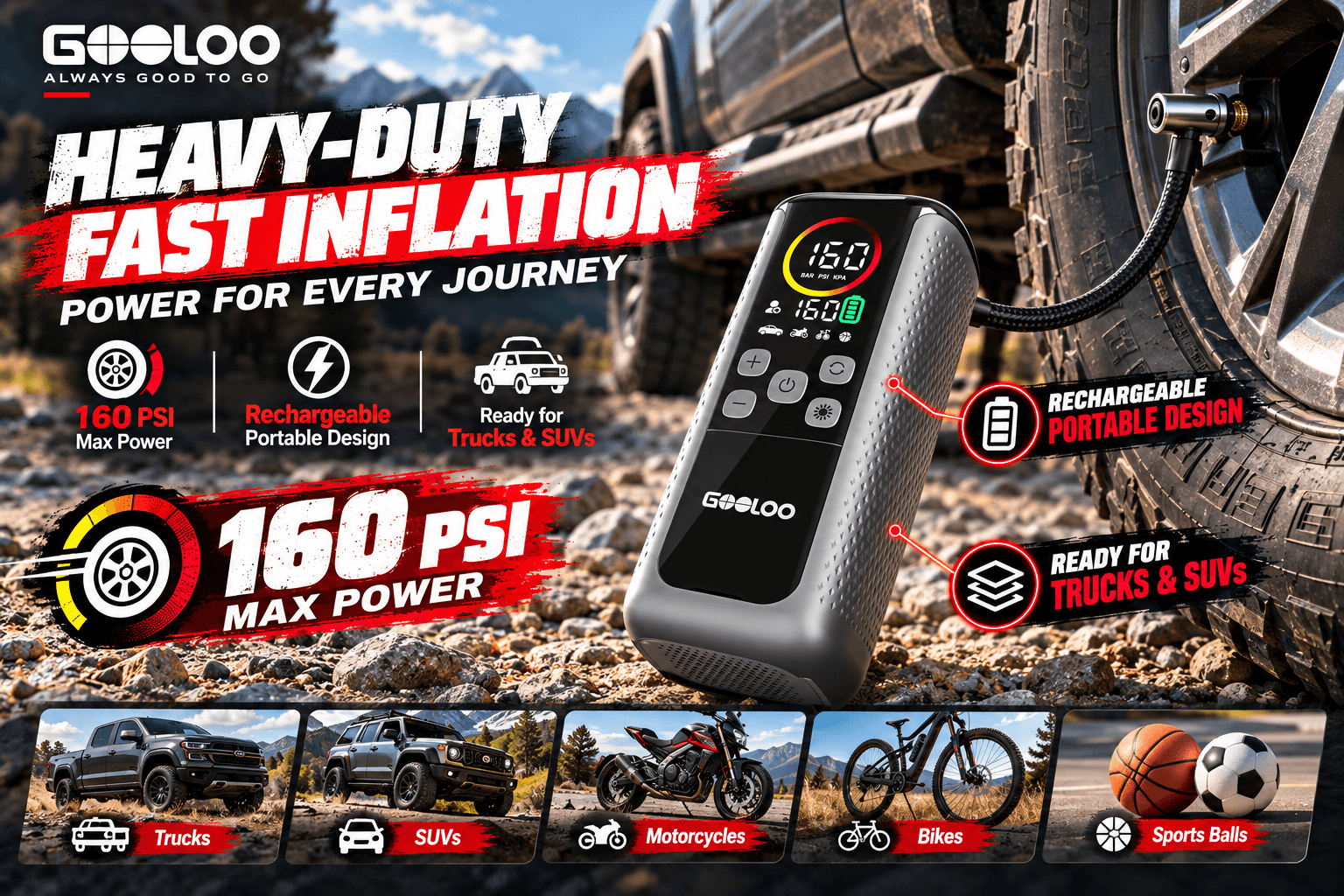 GOOLOO GT160 DUAL heavy-duty portable tire inflator connected to an SUV tire on a rugged mountain road. The digital air compressor features a braided inflation hose, a textured gray body, and bold graphics highlighting 160 PSI maximum pressure.