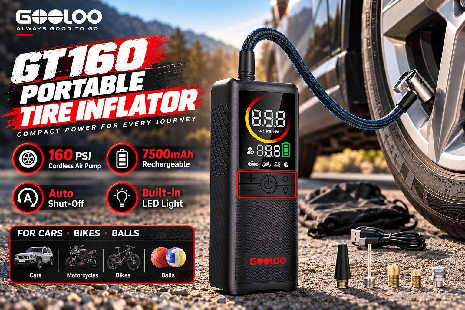GOOLOO GT160 cordless tire inflator beside a vehicle wheel in an outdoor roadside setting, featuring a digital pressure display, braided air hose, and inflation accessories. Promotional graphics highlight 160 PSI power, 7500mAh battery, and auto shut-off.