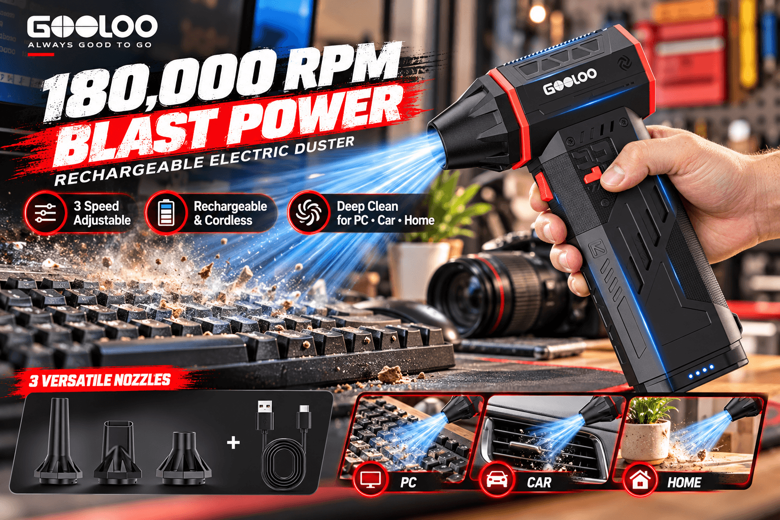 GOOLOO F5S rechargeable electric air duster blasting dust from a computer keyboard in a modern workspace. The black and red handheld blower features a blue airflow effect, interchangeable nozzles, and graphics highlighting 180,000 RPM and three speed settings.