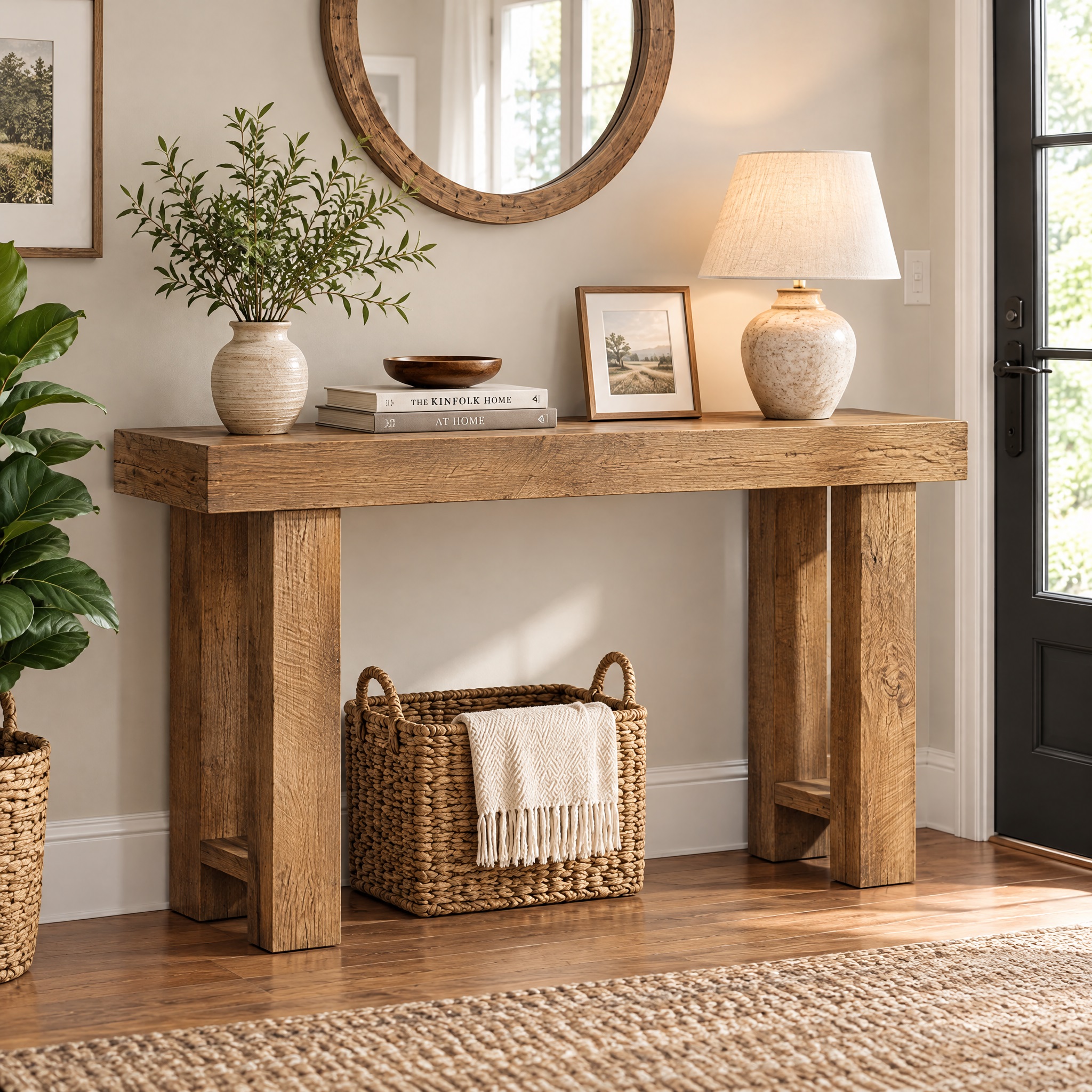 HOKYHOKY rustic solid wood console table lifestyle image: a light brown reclaimed wood top with thick block legs, placed in a bright hallway styled with a table lamp, vase, and wall art.