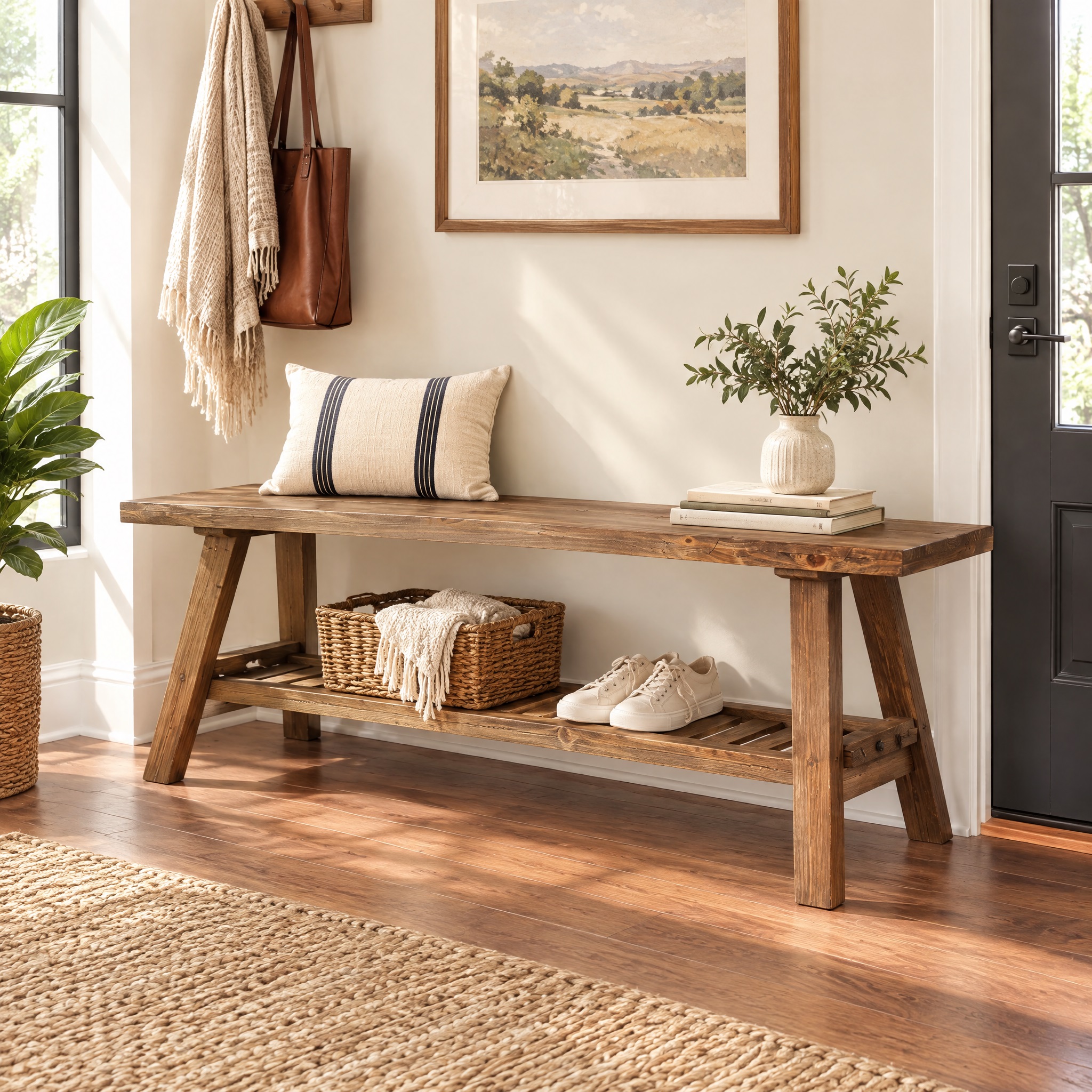 HOKYHOKY 43.3-inch reclaimed solid wood entryway bench lifestyle image: natural pine and fir wood with a lower storage shelf, placed in an entryway styled with throw pillows, books, and green plants.