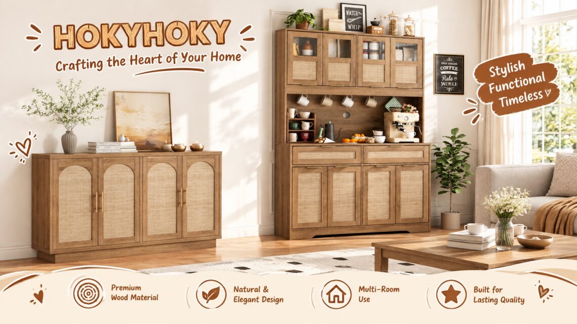 HOKYHOKY brand furniture promotional banner: a warm bohemian living room lifestyle scene featuring natural rattan and solid wood storage cabinets, styled with minimalist décor, green plants, and cartoon-style English tagline 'Crafting the Heart of Your Home'.