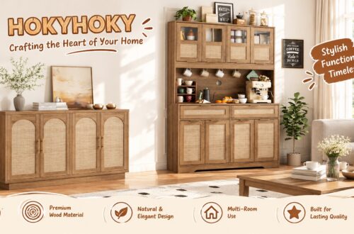 HOKYHOKY brand furniture promotional banner: a warm bohemian living room lifestyle scene featuring natural rattan and solid wood storage cabinets, styled with minimalist décor, green plants, and cartoon-style English tagline 'Crafting the Heart of Your Home'.