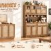 HOKYHOKY brand furniture promotional banner: a warm bohemian living room lifestyle scene featuring natural rattan and solid wood storage cabinets, styled with minimalist décor, green plants, and cartoon-style English tagline 'Crafting the Heart of Your Home'.