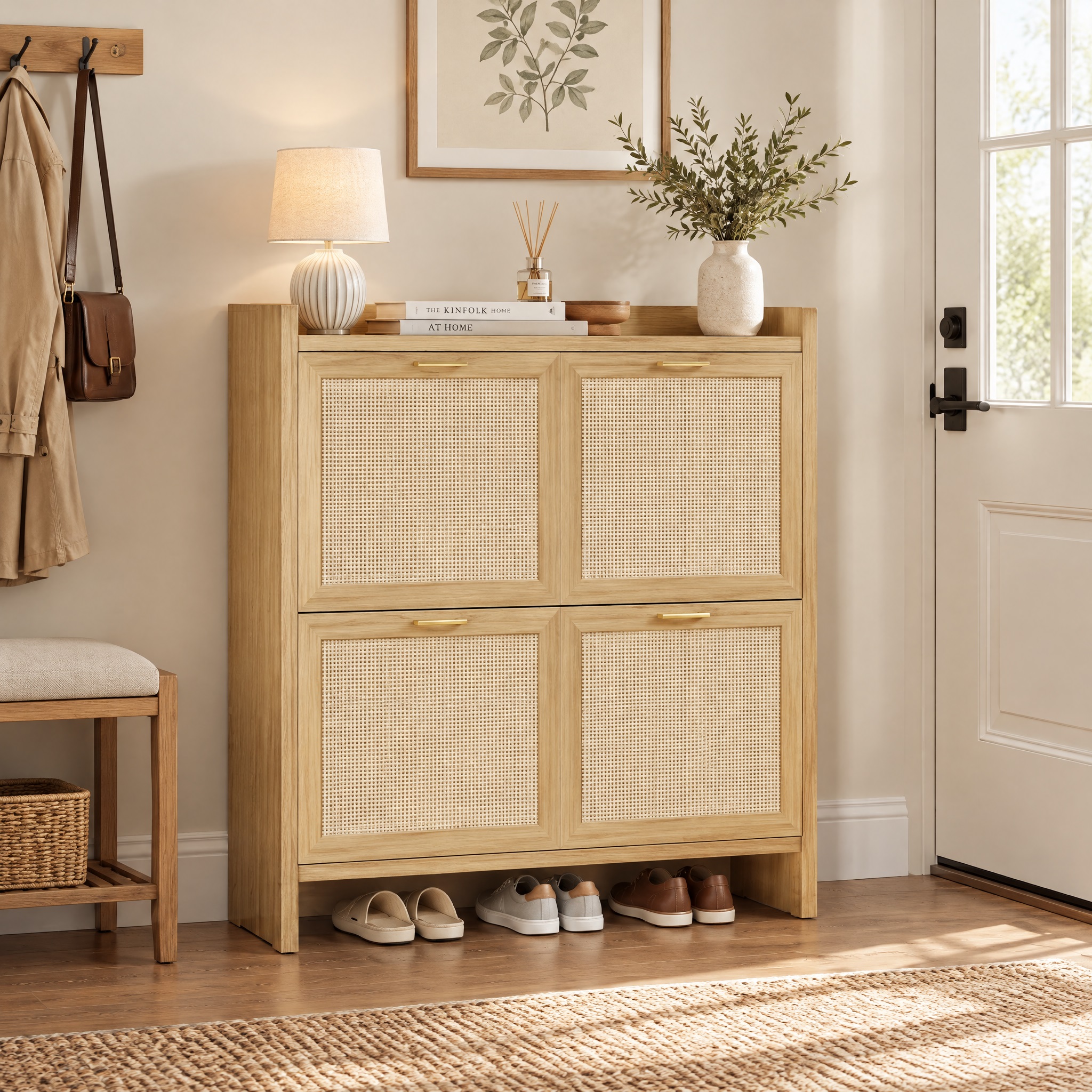 HOKYHOKY rattan shoe storage cabinet lifestyle image: a light wood cabinet with gold handles and handwoven rattan panels, placed in an entryway with a green plant and handbag on top.