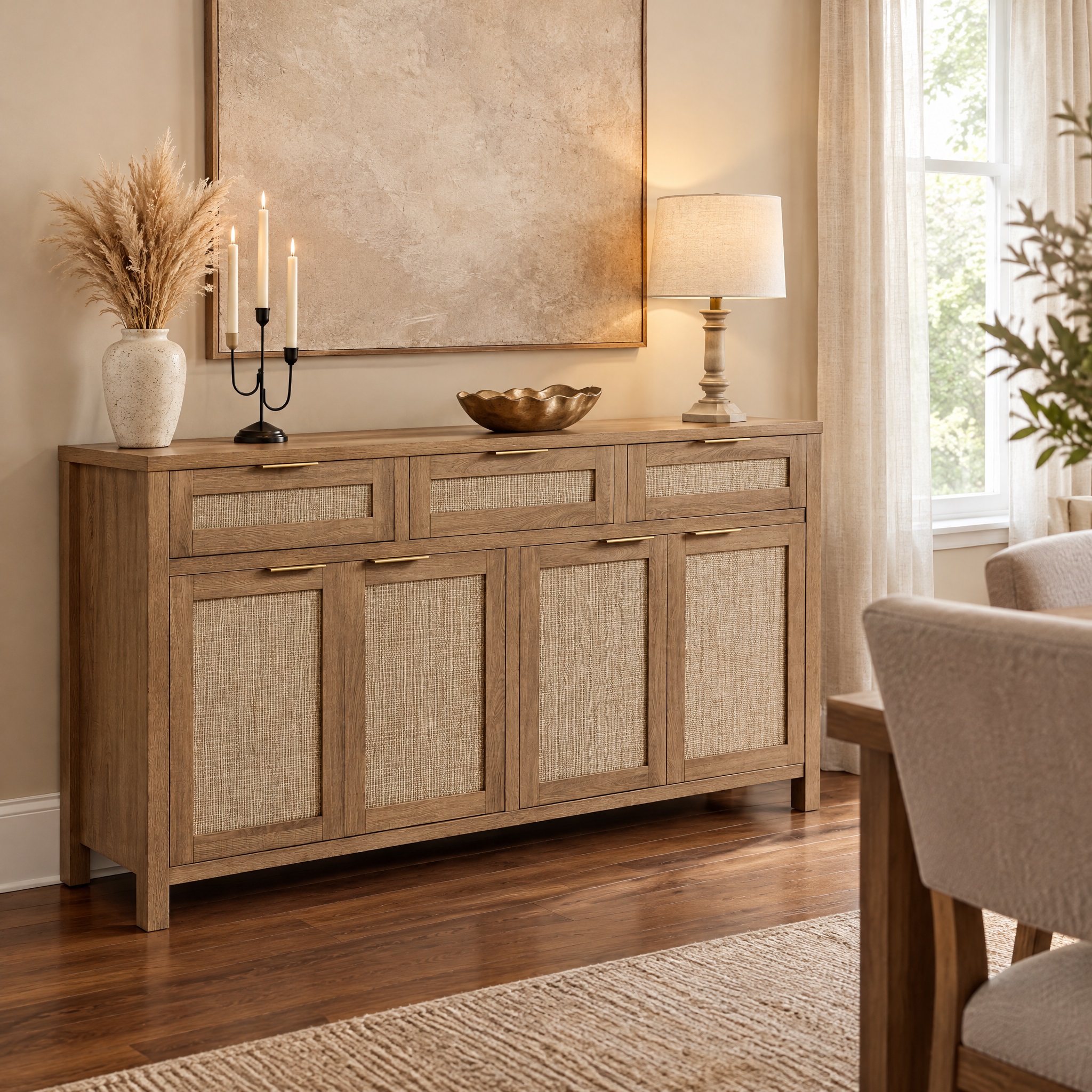 HOKYHOKY 63-inch rattan sideboard buffet cabinet lifestyle image: Rustic Oak finish with rattan drawers and doors plus gold handles, placed in a dining or living room styled with decorative vases and tableware.