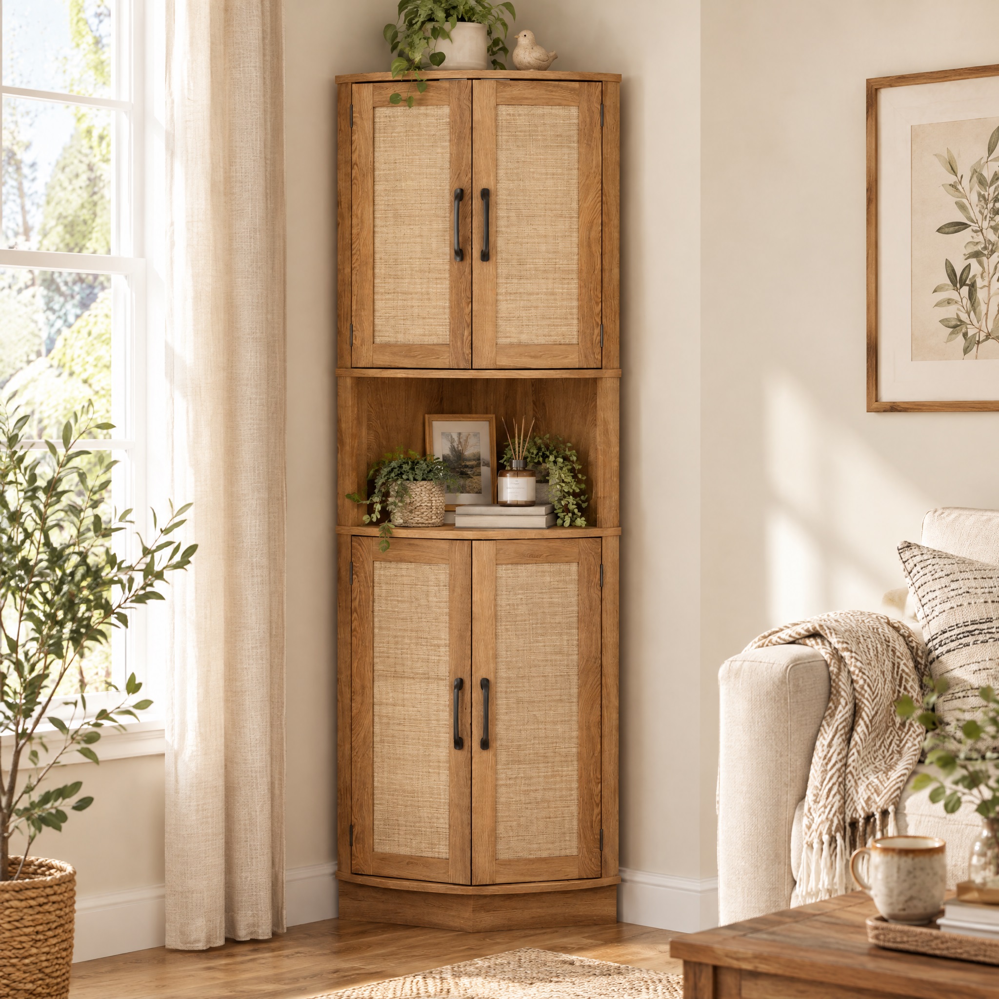 HOKYHOKY 64.7-inch tall rattan corner cabinet lifestyle image: Rustic Oak right-angle corner design with rattan doors and black handles, open middle shelf holding a radio and books, placed in a bright window corner.