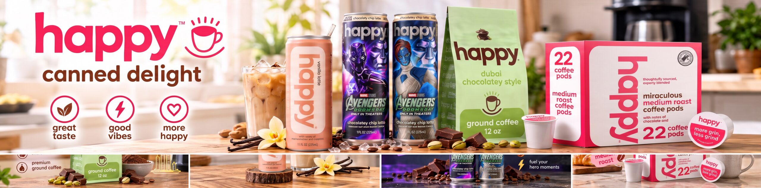 Alt (EN) Co-branded Marvel Studios "Avengers: Doomsday" limited-edition coffee visual: two dark purple-blue happy × Avengers chocolate chip latte cans, printed "MARVEL STUDIOS AVENGERS DOOMSDAY LIMITED EDITION", standing on roasted coffee beans and chocolate chunks under purple neon lighting. Surrounding copy reads "chocolatey chip latte", "rich & chocolatey flavor", "smooth latte foam" and "fuel your hero moments", with a lightning-bolt icon.