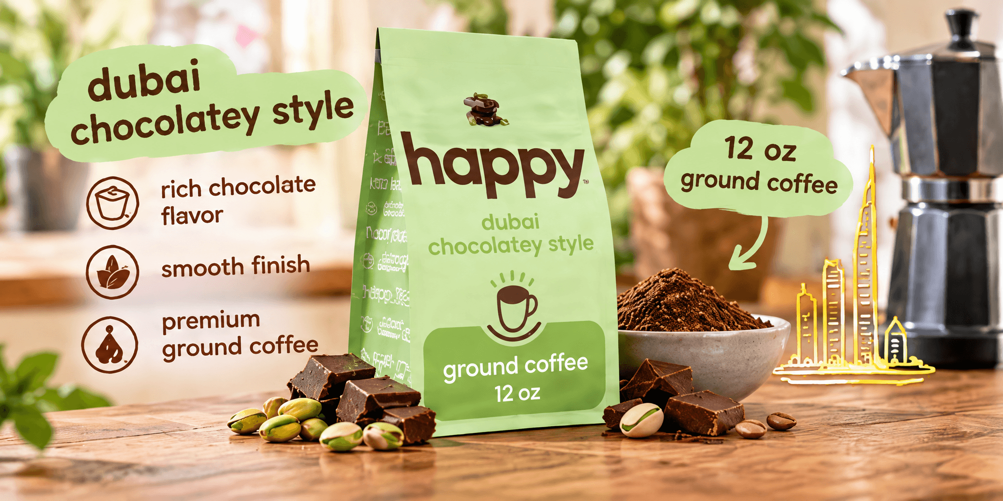 Alt (EN) A green happy "dubai chocolatey style" ground coffee bag (12 oz) beside a ceramic bowl of ground coffee, pistachio-filled chocolate chunks, a silver moka pot and a gold line-art Dubai skyline. Three icon callouts on the left read rich chocolate flavor, smooth finish and premium ground coffee; handwritten bubbles label "dubai chocolatey style" and "12 oz ground coffee". Set on a wooden counter in a warm kitchen.