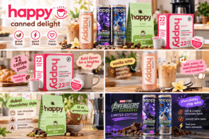 Alt (EN) Wide hero banner for the happy coffee brand: a pink "happy" wordmark with a cup icon on the left, tagline "canned delight", and three round benefit icons — great taste, good vibes, more happy. On the right, a warm kitchen counter lineup: a peach vanilla latte can beside an iced latte with a striped straw, two dark purple-blue Marvel's Avengers limited-edition chocolate chip latte cans, a green "dubai chocolatey style" ground coffee bag (12 oz), and a pink box of 22 medium roast coffee pods, styled with vanilla blossoms, vanilla pods, chocolate chunks and pistachios.