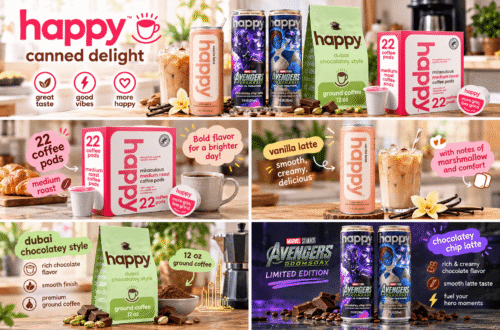Alt (EN) Wide hero banner for the happy coffee brand: a pink "happy" wordmark with a cup icon on the left, tagline "canned delight", and three round benefit icons โ great taste, good vibes, more happy. On the right, a warm kitchen counter lineup: a peach vanilla latte can beside an iced latte with a striped straw, two dark purple-blue Marvel's Avengers limited-edition chocolate chip latte cans, a green "dubai chocolatey style" ground coffee bag (12 oz), and a pink box of 22 medium roast coffee pods, styled with vanilla blossoms, vanilla pods, chocolate chunks and pistachios.