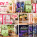 Alt (EN) Wide hero banner for the happy coffee brand: a pink "happy" wordmark with a cup icon on the left, tagline "canned delight", and three round benefit icons โ great taste, good vibes, more happy. On the right, a warm kitchen counter lineup: a peach vanilla latte can beside an iced latte with a striped straw, two dark purple-blue Marvel's Avengers limited-edition chocolate chip latte cans, a green "dubai chocolatey style" ground coffee bag (12 oz), and a pink box of 22 medium roast coffee pods, styled with vanilla blossoms, vanilla pods, chocolate chunks and pistachios.