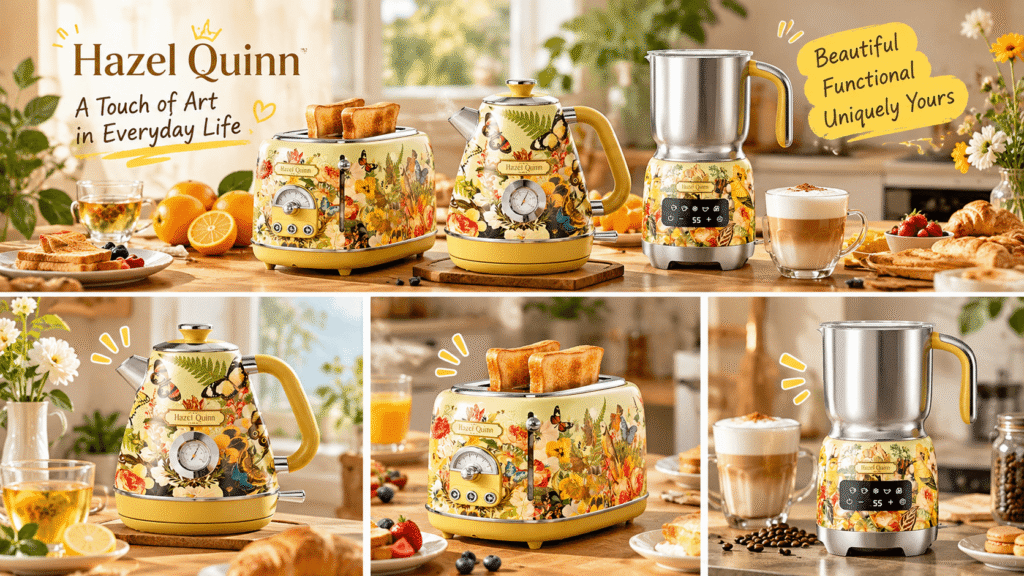 Hazel Quinn retro kitchen appliance collection featuring floral electric kettles, toasters, and milk frothers with colorful butterfly patterns, displayed in a sunlit kitchen with breakfast treats, coffee, and playful English annotations.